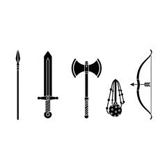 Collection of medieval and fantasy weapon silhouettes including spear, sword, axe, morning star, and bow with arrow on white background.