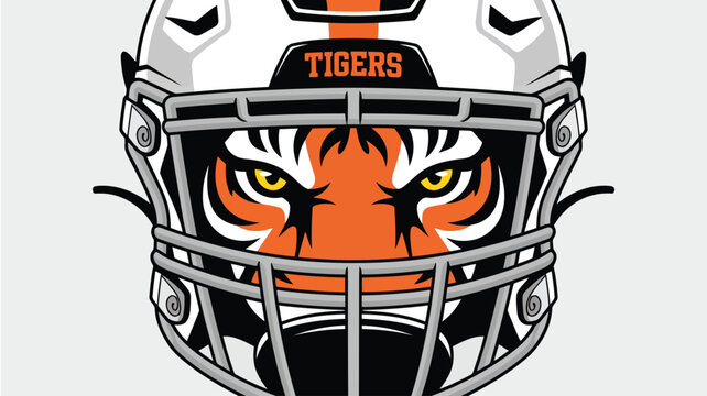 A striking illustration of an American football helmet with a powerful tiger face on a light grey background