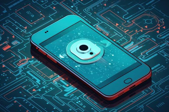 Smartphone displaying camera lens icon with digital circuit board background, representing surveillance and data - Powered by Adobe