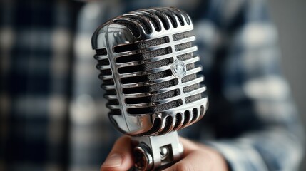 Vintage Silver Microphone Held by Person in Striped Shirt in Studio Setting