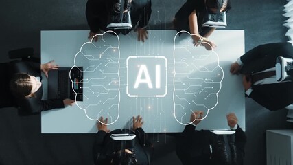 A diverse business team utilizes virtual reality headsets to explore artificial intelligence technology during a collaborative meeting in a sleek office space. Raster - Powered by Adobe