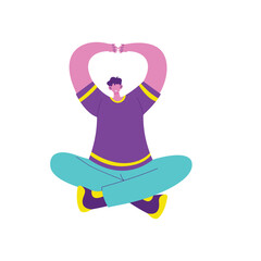 Seated person crosslegged forming heart shape with hands.