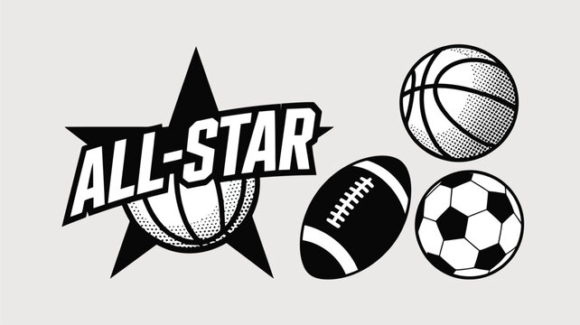 Bold All Star logo with a basketball, accompanied by three iconic sports ball illustrations