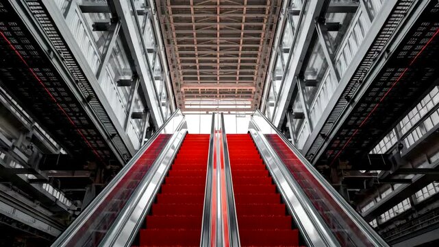 Red escalators ascending inside large industrial interior with metal framework and strong symmetry