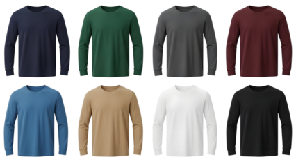 Eight long sleeved cotton shirts in various colors, including navy, blue, green, gray, maroon, beige, white, and black
