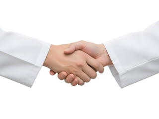 Close up captures a handshake between two individuals wearing pristine white coats, symbolizing agreement, deal,