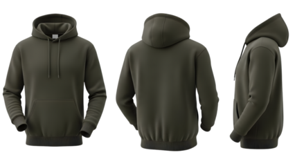 Olive green unisex hoodie mockup showcasing front, back, and side views against a clean white backdrop for apparel design