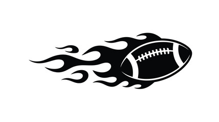 Dynamic black American football with trailing fire creating a powerful fast moving sports emblem on a white field