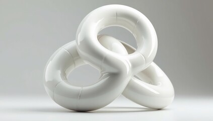 White glossy intertwined toroidal sculpture against a light grey background featuring smooth curves and reflections