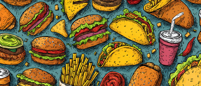 Colorful hand drawn fast food pattern featuring burgers, tacos, and french fries