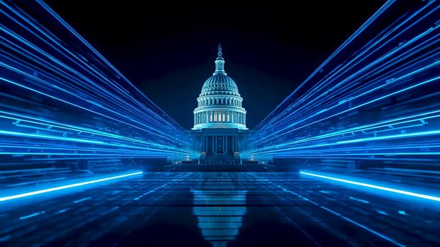 Illuminated government building dome with blue light trails radiating across reflective surface at night