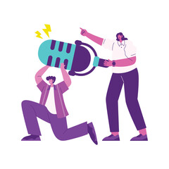 Two stylized people handling oversized microphone together.