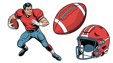 Energetic American football player smiling and running with ball next to a helmet and another football