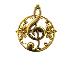 Ornate gold treble clef brooch with floral embellishments