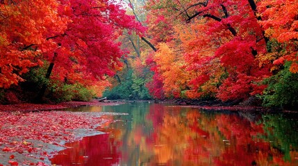 Vivid Autumn Forest Scene with Colorful Red Orange Green Trees Reflecting in Calm River