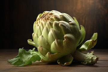 Fototapeta premium Fresh green artichoke with water drops resting on a rustic wooden background