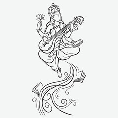 Hindu Goddess Saraswati flying with Veena and books line art India Indian