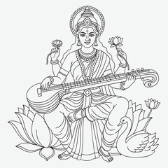 Hindu Goddess Saraswati Playing Veena Seated on Lotus with Swan musical instrument