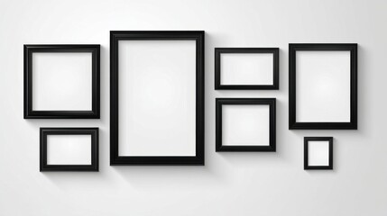 A hanging display with seven black framed empty frames of varying sizes arranged from left to right against a background