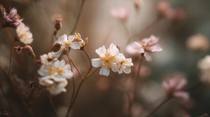 Delicate wildflowers captured in warm natural light, softly focused surroundings enhancing a peaceful and organic outdoor mood with authentic botanical details