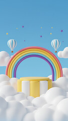 3d kids podium with sky clouds and rainbow, floating hot air balloons twinkle stars. Cartoon vector background in cute childish toy style with round stage or pedestal under blue cloudy sky, Whimsical 