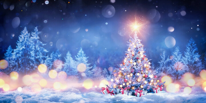 Snow-covered Christmas tree decorated with glowing lights and red gold ornaments, star burst on top, gift boxes at base, snowy forest, deep blue-purple night sky with warm bokeh lights, magical festiv