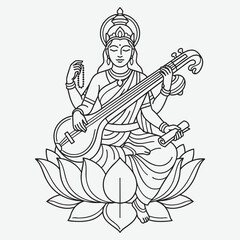 Fototapeta premium Saraswati Goddess Playing Veena with Rosary and Scroll on Lotus Hindu goddess musical instrument