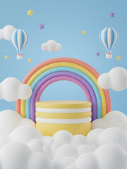 3d kids podium with sky clouds and rainbow, floating hot air balloons twinkle stars. Cartoon vector background in cute childish toy style with round stage or pedestal under blue cloudy sky, Whimsical 