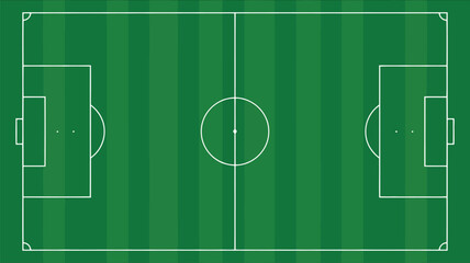 Overhead view of a vibrant green soccer football field with clear white markings