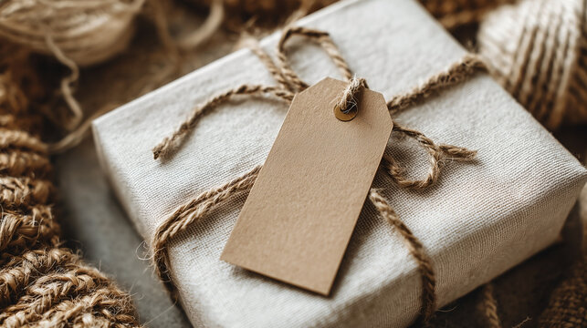 A white box with a brown tag on it