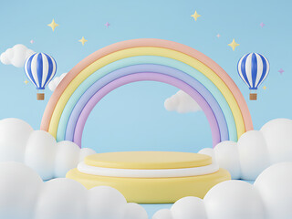 3d kids podium with sky clouds and rainbow, floating hot air balloons twinkle stars. Cartoon vector background in cute childish toy style with round stage or pedestal under blue cloudy sky, Whimsical 