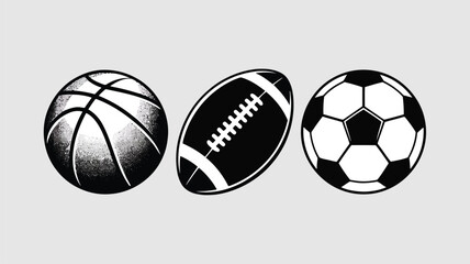 Three black and white sports balls, basketball, football, and soccer ball, are arranged side by side
