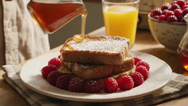 A cozy kitchen scene with a delicious stack of French toast surrounded by fresh raspberries being drizzled with syrup