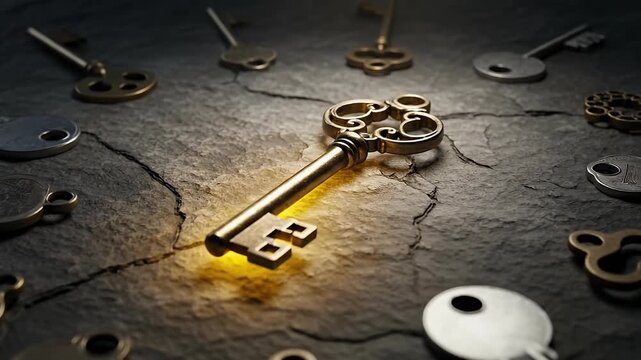 This evocative close-up shot features a compelling collection of vintage and antique keys artfully scattered across a dark, rugged stone surface. A single, ornate golden key, centrally positioned, rad