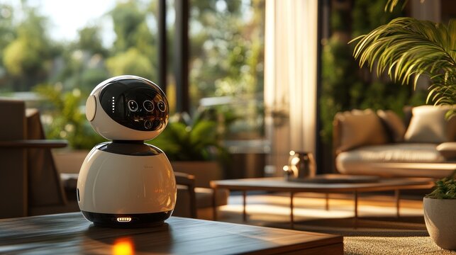 Modern home interior with a cute robot on the wooden table, with natural lighting