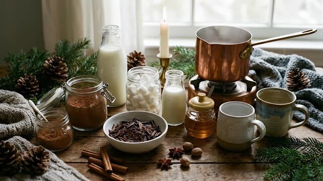 This inviting and warm scene captures the essence of preparing a comforting winter beverage, showcasing a rustic wooden table laden with all the essential ingredients. Rich cocoa powder, delicate choc