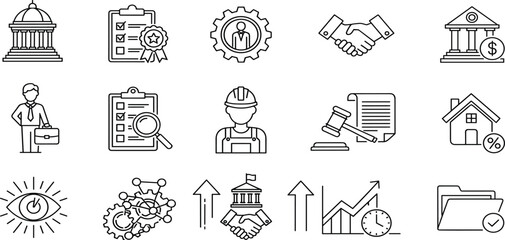 Collection of linear global logistics, international trade, supply chain management, cargo shipping, truck delivery, aviation transport, and worldwide business vector icons. © Nowshad