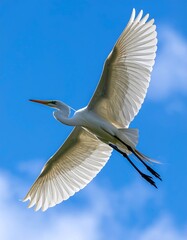 A large, white bird soars through a bright blue sky, its wings outstretched and feathers catching the sunlight
