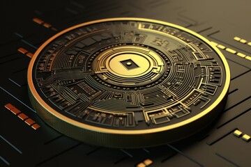 Cryptocurrency coin with circuit board patterns representing digital finance and modern transactions