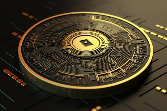 Cryptocurrency coin with circuit board patterns representing digital finance and modern transactions - Powered by Adobe