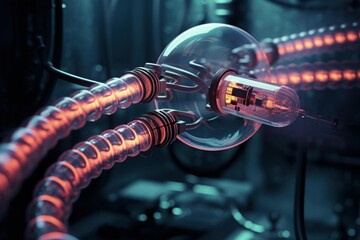 Modern machinery with glowing orange components and intricate glass parts generating energy
