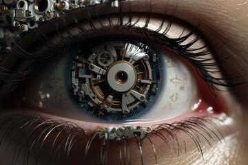 Intricate bionic eye merging human biology with advanced mechanical components and artificial intelligence