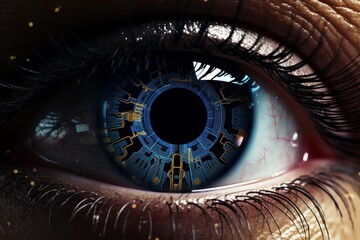 Eye revealing futuristic bionic technology and artificial intelligence within its iris