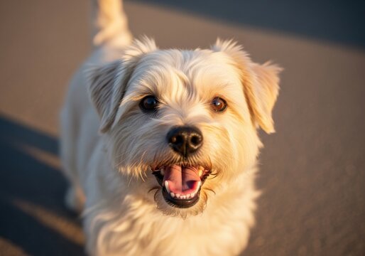 Close-up portrait of a cheerful, scruffy terrier dog panting happily during golden hour outdoors, conveying pure joy and loyal pet companionship.