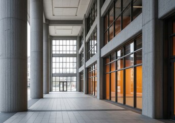 Imposing Brutalist Concrete Structure defining a massive corporate entrance hall, showcasing modern architectural design and institutional stability.