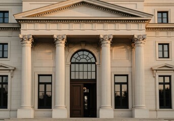 Fototapeta premium Majestic Bank or Courthouse Entrance with Corinthian Columns and Pediment Architecture, representing stability, law, and financial security.