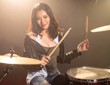 Smiling young woman playing drums with drumsticks, under warm light