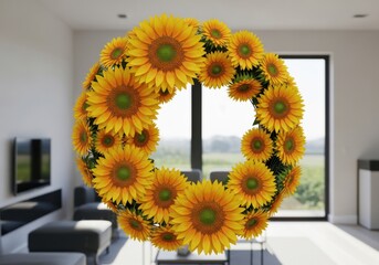 Glowing Sunflower Wreath framing a bright window view in a luxury modern home, representing summer decoration and optimistic living.