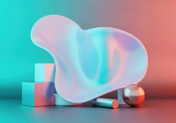 Modern 3D rendering of holographic abstract forms and geometric cubes creating a vibrant cyan and magenta neon stage for commercial branding and luxury product display.