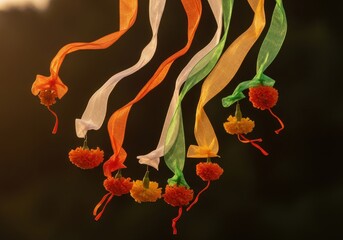 Indian Tricolor Ribbons and Marigold Flowers Flowing Elegantly - Celebrating Independence Day, Republic Day, and Rich Indian Culture.